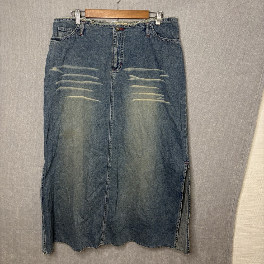 Sunshine Apparel Vtg Y2k Denim Maxi Skirt Size 14W Raw Hem High Waisted Boho